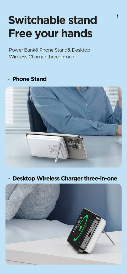 Person using a switchable white PISEN wireless charger and power bank as a phone stand on a desk in an office setting