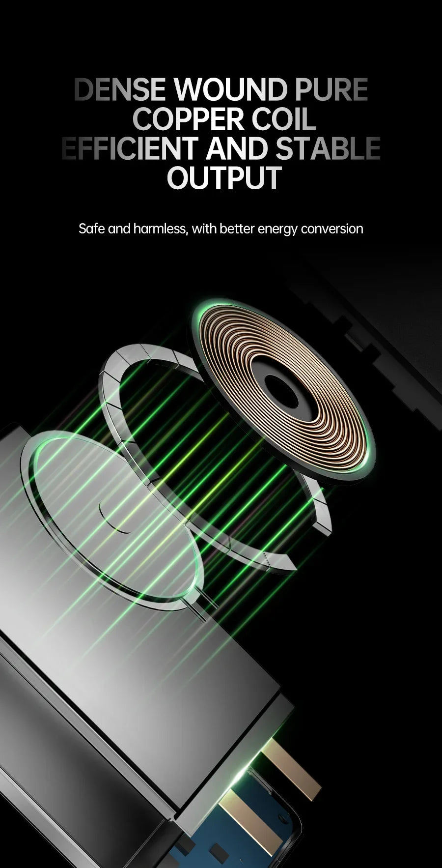 Close-up view of dense wound pure copper coil and components for efficient stable wireless power output