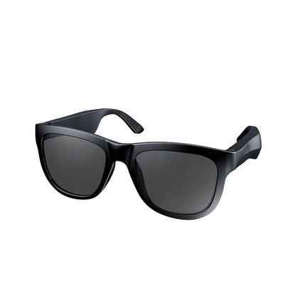 Black smart sunglasses with built-in wireless earbuds and sleek rectangular frame design on white background
