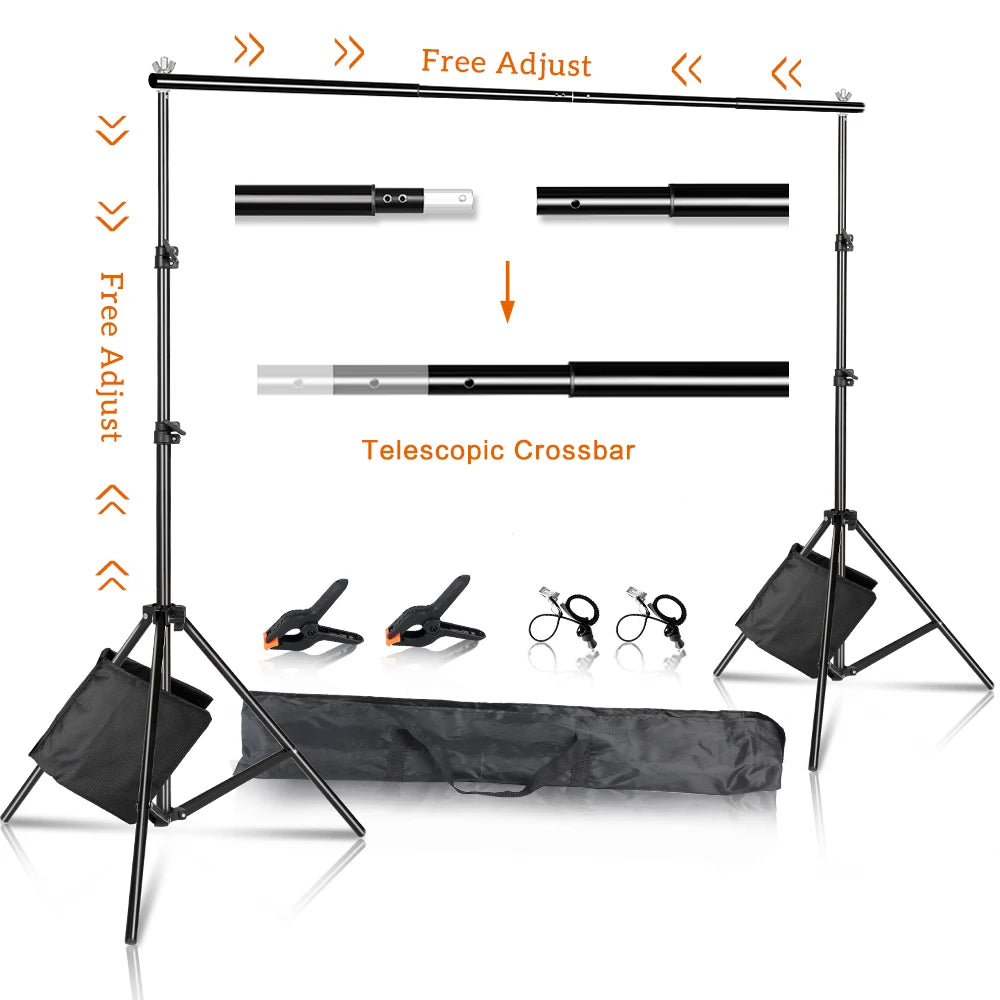 Black adjustable telescopic photo backdrop stand kit with clamps and carrying bag on white background