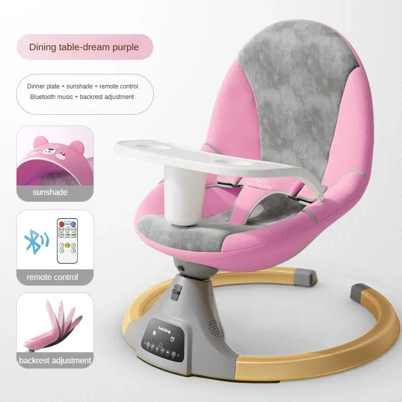 Pink and gray multifunctional baby rocking chair with tray, Bluetooth music, sunshade, and remote control features