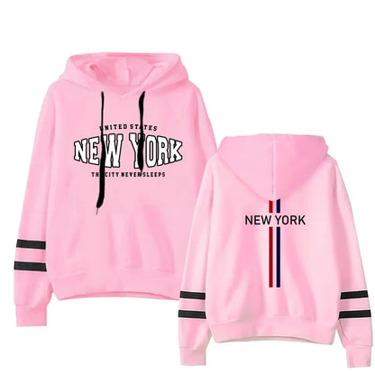 Pink hooded sweatshirt with black stripes on sleeves and New York text front and back views displayed