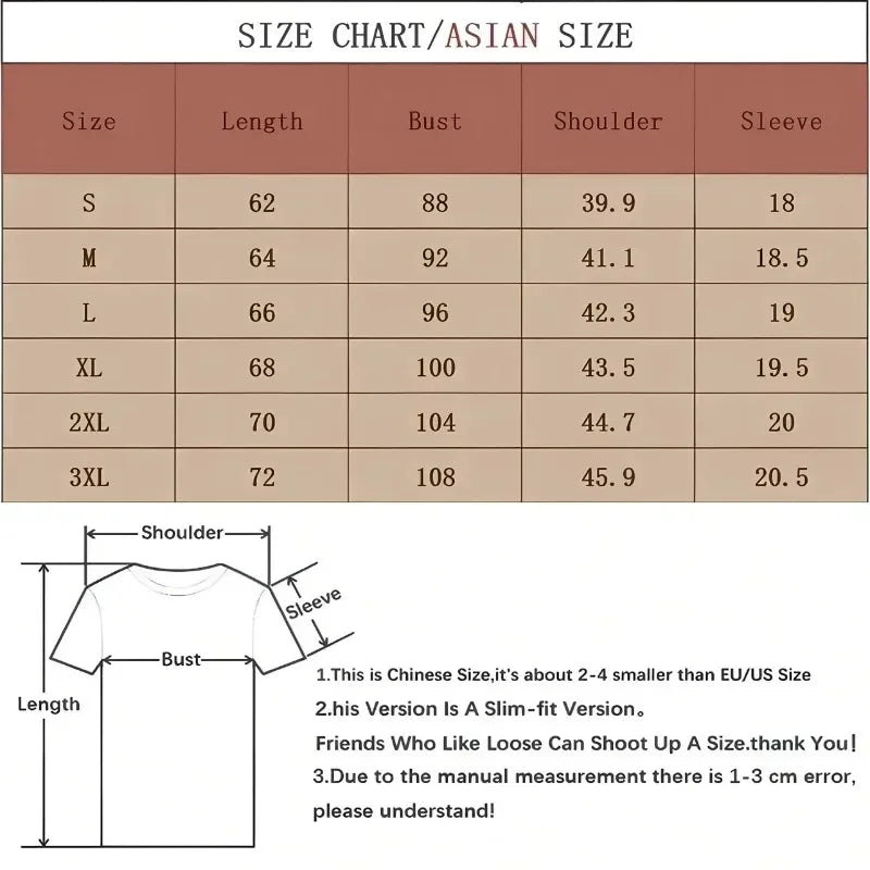 Size chart for Asian slim-fit t-shirt with measurements for length, bust, shoulder, and sleeve in centimeters.