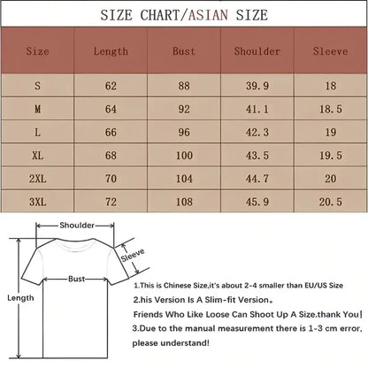 Size chart for Asian slim-fit t-shirt with measurements for length, bust, shoulder, and sleeve in centimeters.