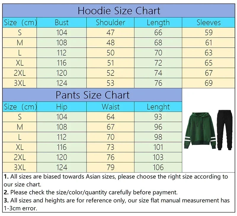Two-piece women's jogging set with striped hoodie and matching pants, size chart displayed for reference