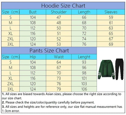 Two-piece women's jogging set with striped hoodie and matching pants, size chart displayed for reference