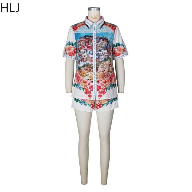 Female mannequin wearing a colorful two-piece summer outfit with printed short-sleeve shirt and matching shorts