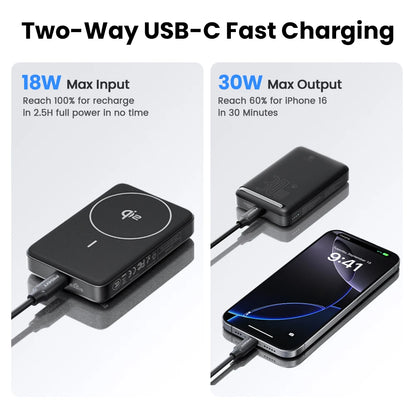Black Pisen 30W magnetic wireless charger connected via USB-C beside iPhone 16 with fast charging display at 9:41