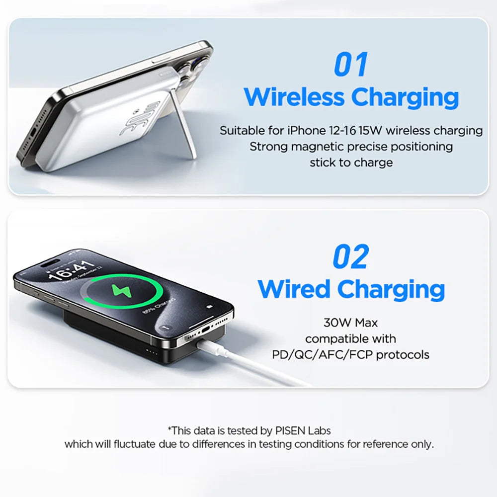 PISEN 30W magnetic wireless power bank charging iPhone 12 to 16 with stand and wired fast charging cable connected