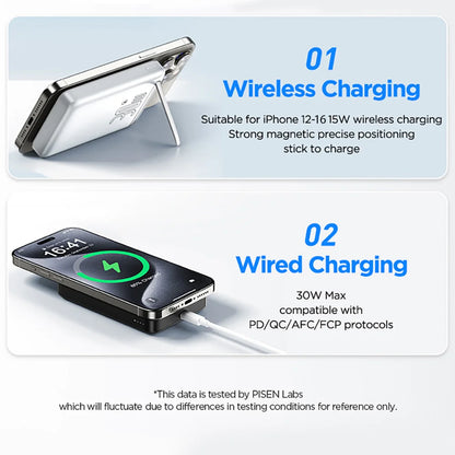 PISEN 30W magnetic wireless power bank charging iPhone 12 to 16 with stand and wired fast charging cable connected