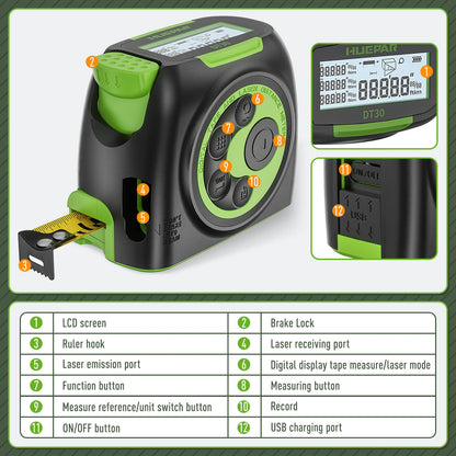 Télémètre Huepar DT30 - Fonctionnalités et boutons de contrôle