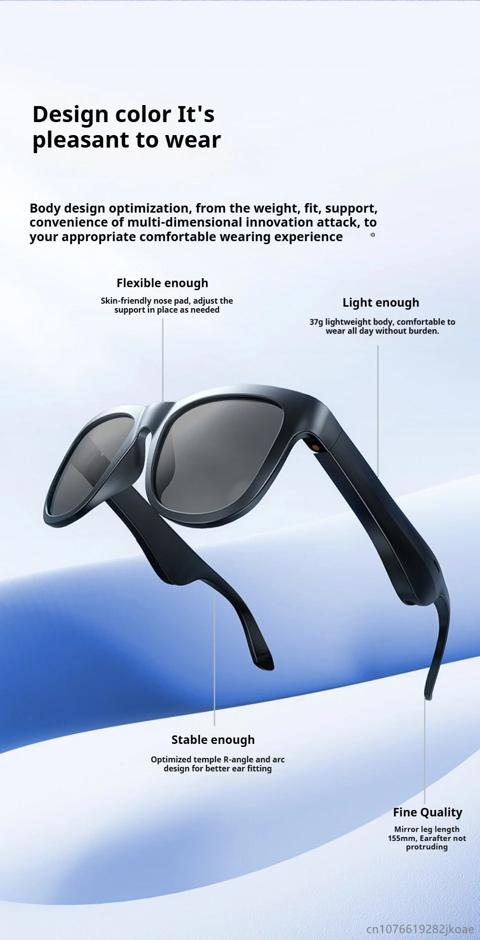 Black smart sunglasses with thick frame highlighting flexible nose pad, lightweight design, and stable ear fitting features