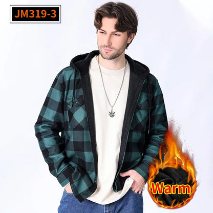 Chemise à carreaux américaine décontractée pour hommes grande taille automne hiver épaisse à capuche polaire manches longues Doba Store