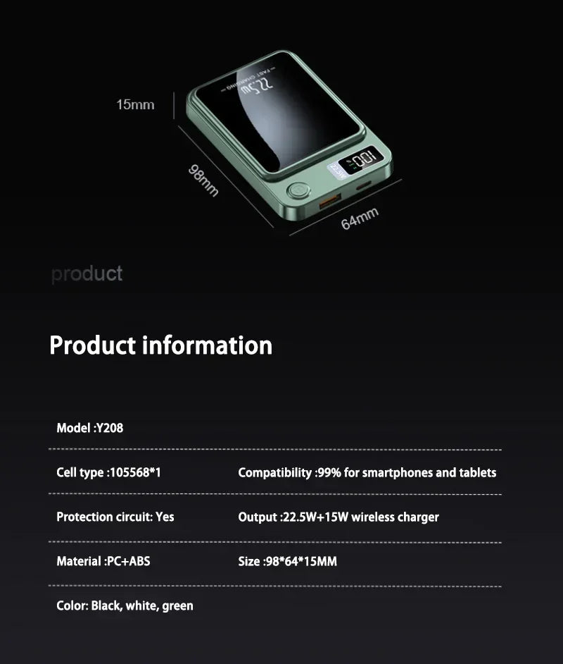 Green portable 100000mAh external battery with digital display and wireless charging for smartphones and tablets
