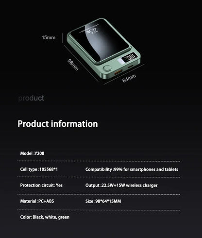 Green portable 100000mAh external battery with digital display and wireless charging for smartphones and tablets
