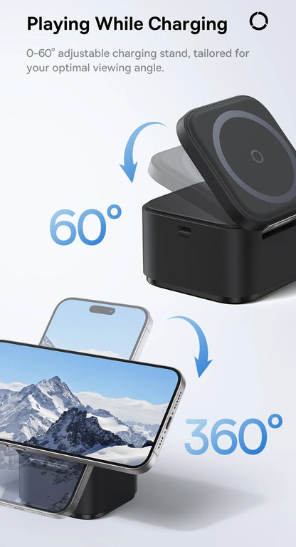 Black 3-in-1 magnetic wireless charger with adjustable stand showing 60 and 360-degree viewing angles