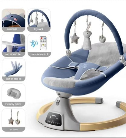 Blue multifunctional electric baby rocker with soft seat, toy rack, sunshade, memory pillow, and remote control features