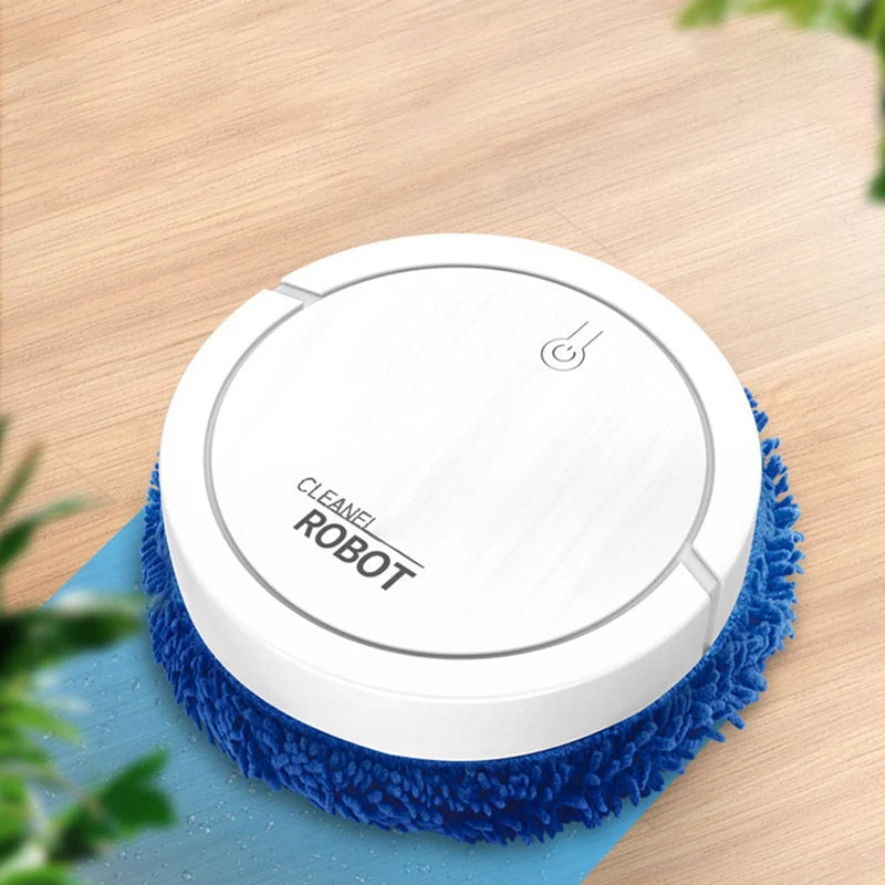 White automatic cleaning robot with blue microfiber mop on wooden floor with blurred green plants nearby
