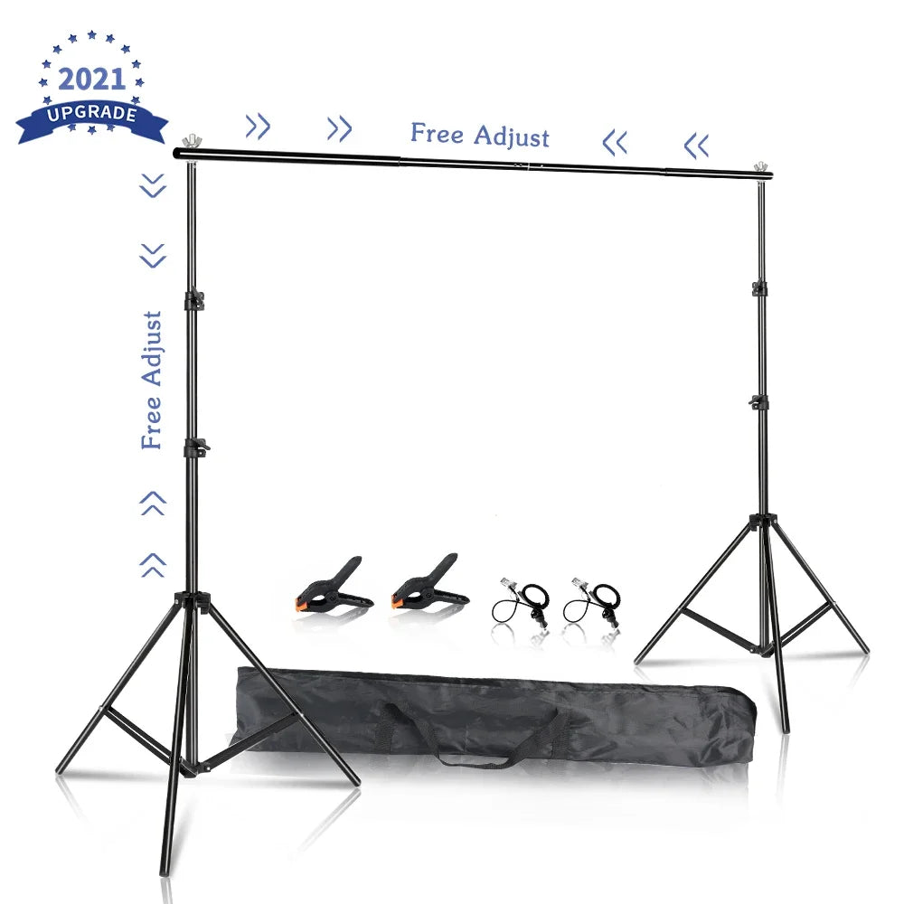 Adjustable black aluminum photo backdrop stand kit with clamps and carrying case on a white background