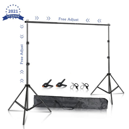 Adjustable black aluminum photo backdrop stand kit with clamps and carrying case on a white background