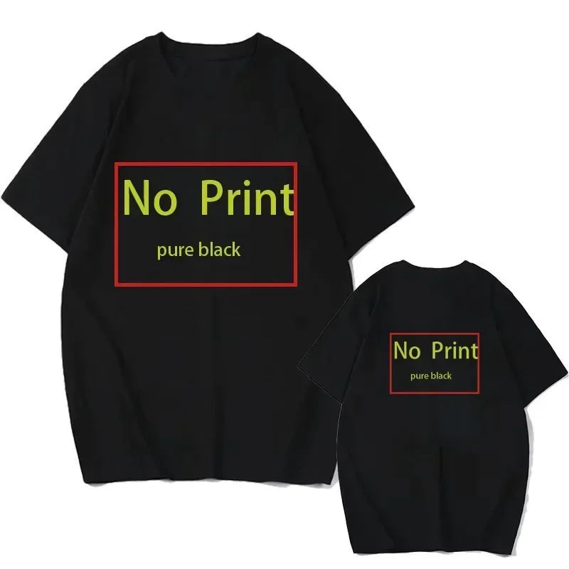 Black oversized t-shirt with yellow text "No Print pure black" displayed on front and back sides.