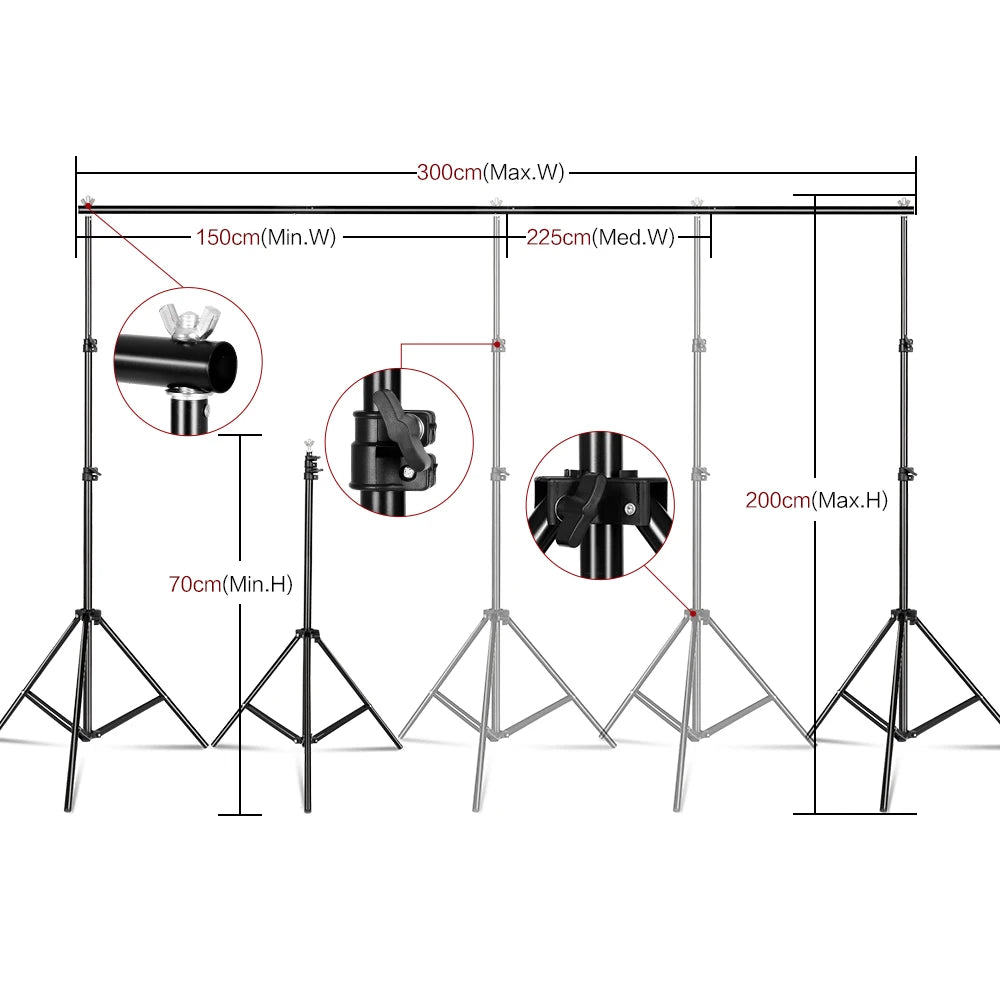 Adjustable aluminum photo backdrop support stand with telescopic crossbar and tripod legs for studio photo and video use