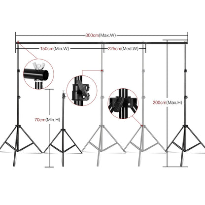 Adjustable aluminum photo backdrop support stand with telescopic crossbar and tripod legs for studio photo and video use