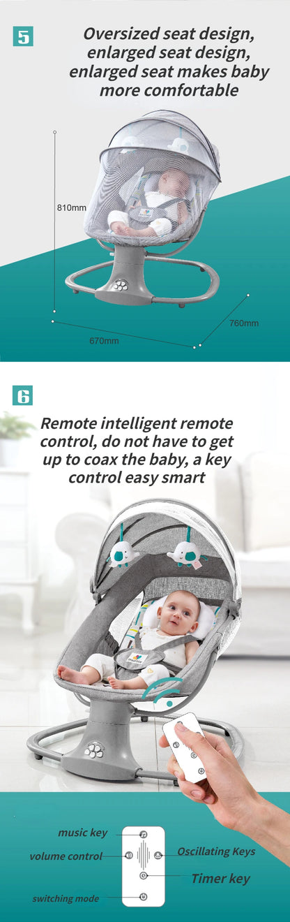 Baby lying comfortably in gray electric multifunctional rocking chair with canopy and remote control in hand