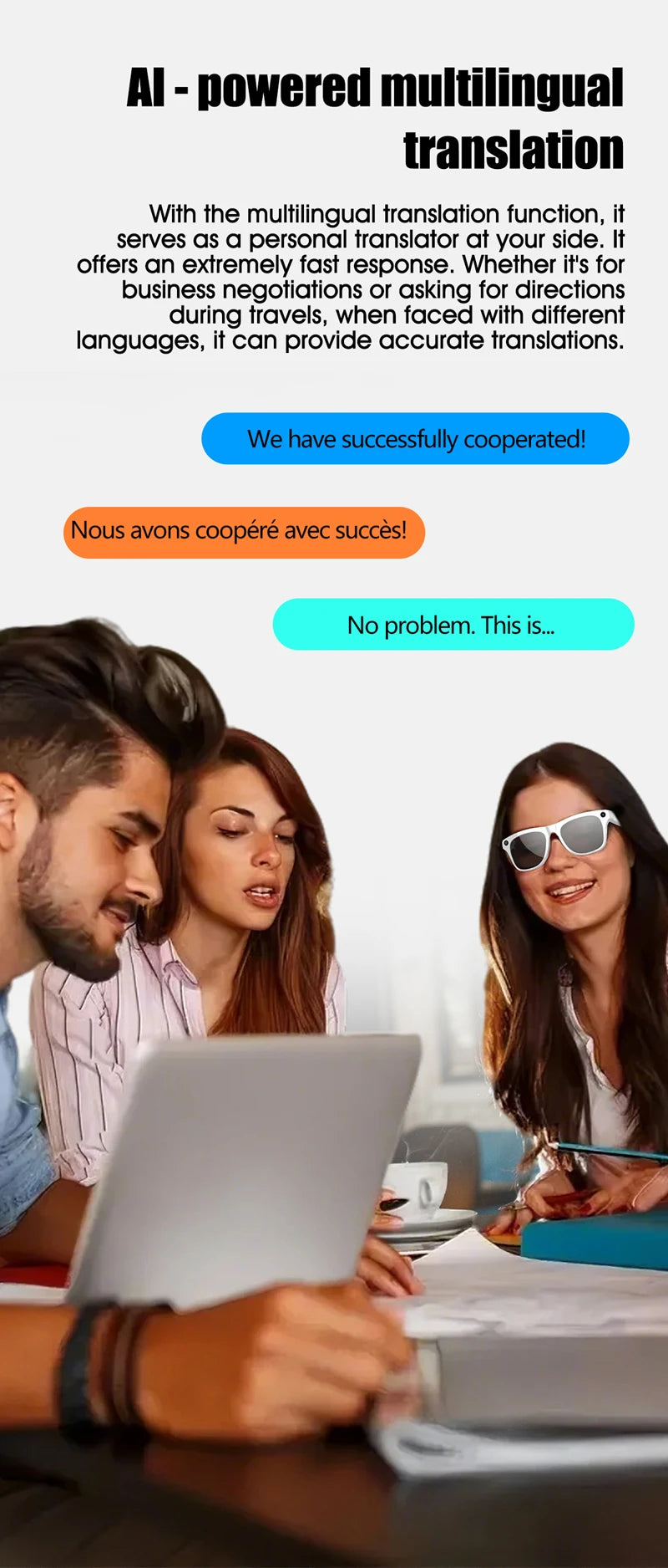 Three young adults collaborating with one wearing smart glasses displaying AI multilingual translation speech bubbles above them