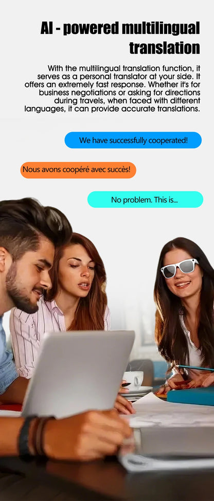 Three young adults collaborating with one wearing smart glasses displaying AI multilingual translation speech bubbles above them