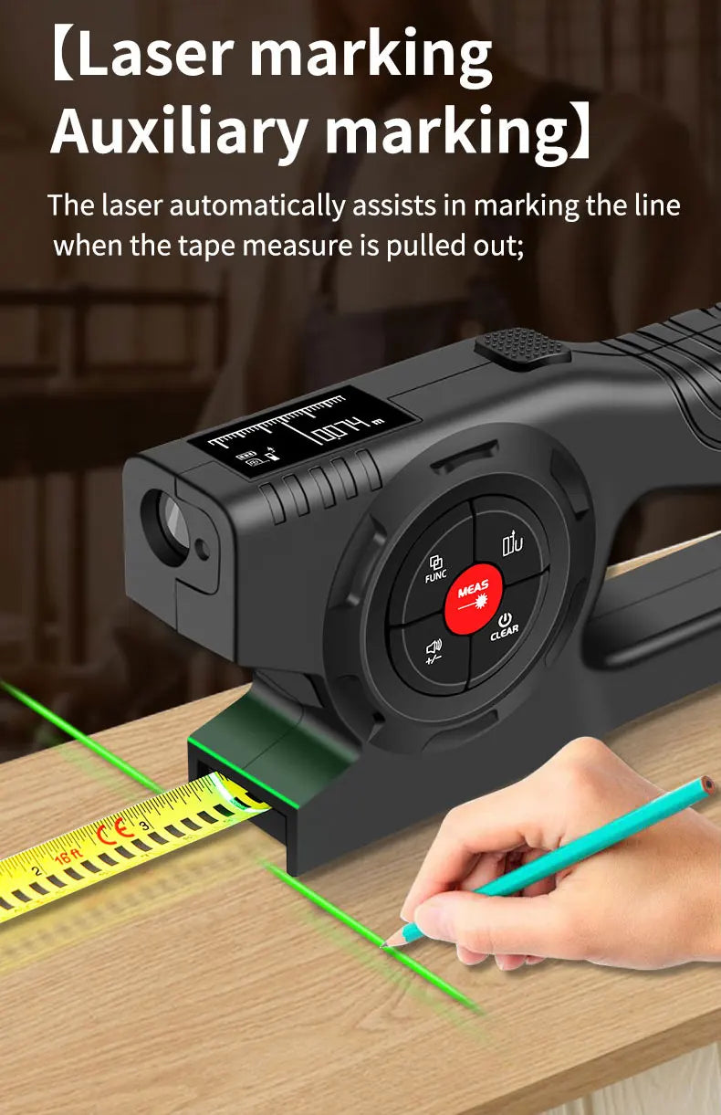 Black 3-in-1 SNAKOL laser measure with digital tape, LCD screen, and laser marking for precise measurement on wood surface
