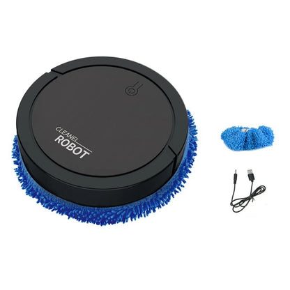 Black round wet and dry cleaning robot with blue microfiber brush and black USB charging cable on white background