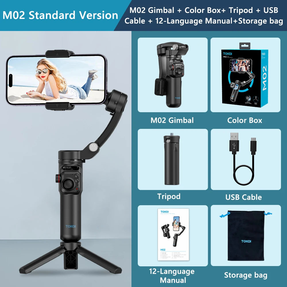 Portable black M02 3-axis smartphone gimbal with tripod, USB cable, storage bag, and multilingual manual in a color box.