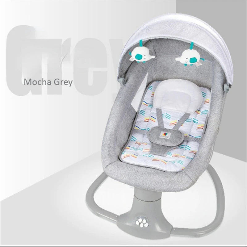 Electric multifunctional baby rocker chair in mocha grey with safety harness and mobile toys overhead