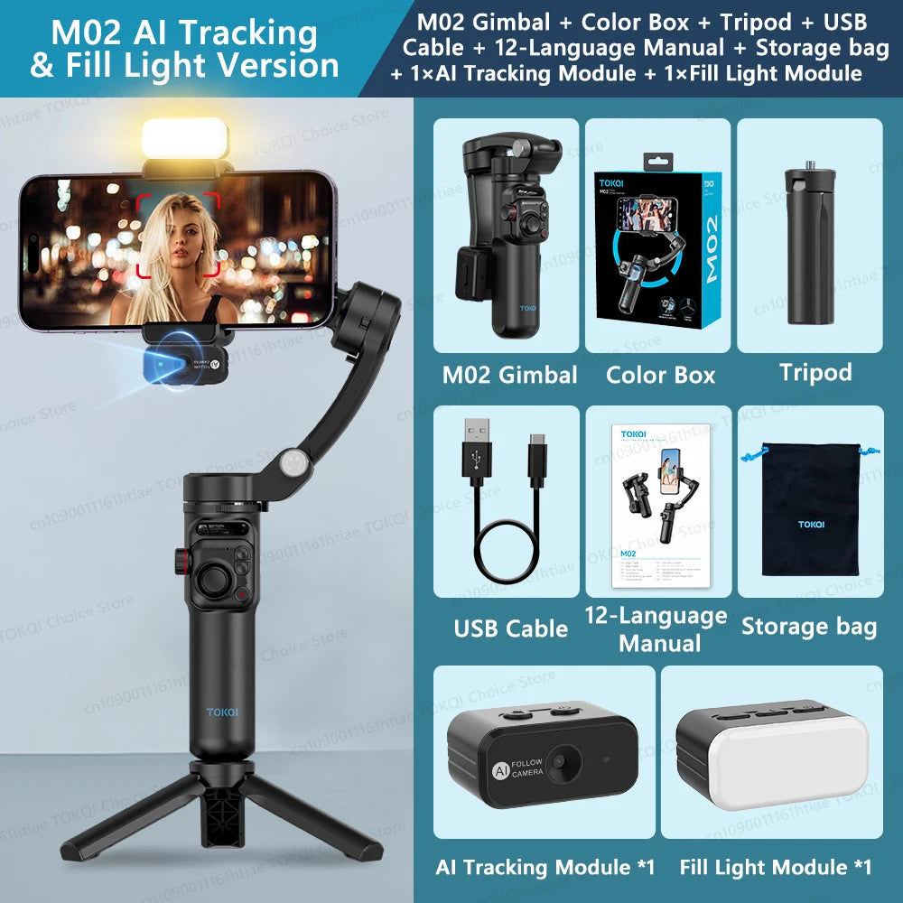 M02 portable 3-axis smartphone gimbal with fill light, tripod, wireless remote, AI tracking module, and accessories displayed on blue background
