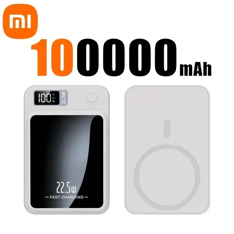 White Xiaomi Mijia 100000mAh wireless magnetic power bank with digital display and fast charging indication