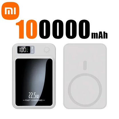 White Xiaomi Mijia 100000mAh wireless magnetic power bank with digital display and fast charging indication