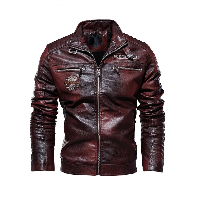 Veste en cuir PU à revers pour hommes, veste de moto décontractée, cool et à la mode, automne et hiver 2024 par Doba Store rouge foncé