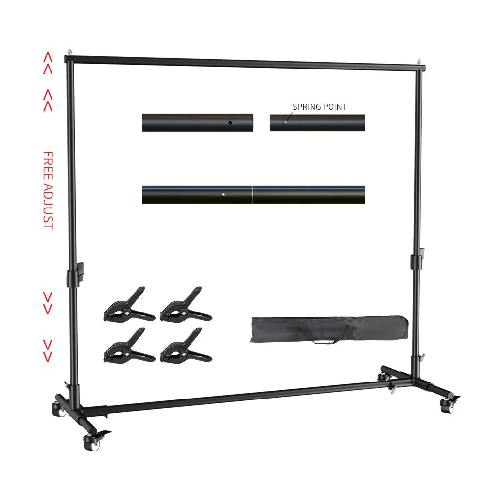 Black adjustable aluminum backdrop stand with crossbar, four clamps, and carrying case on white background
