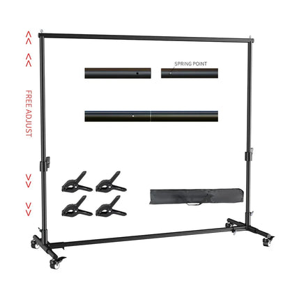 Black adjustable aluminum backdrop stand with crossbar, four clamps, and carrying case on white background