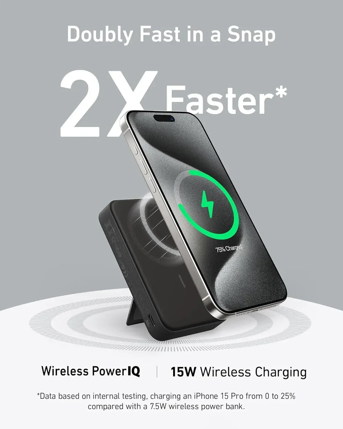 Anker MagGo Power Bank 15W wireless charger with foldable stand charging a smartphone showing 75% battery