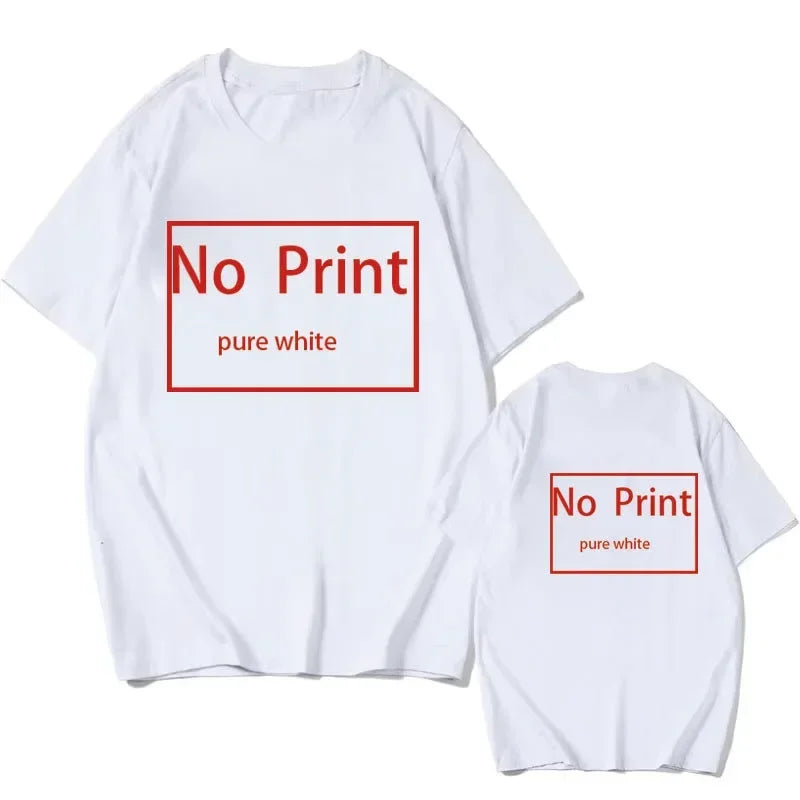 White short-sleeve t-shirt with "No Print pure white" red text design on front and back displayed on plain background