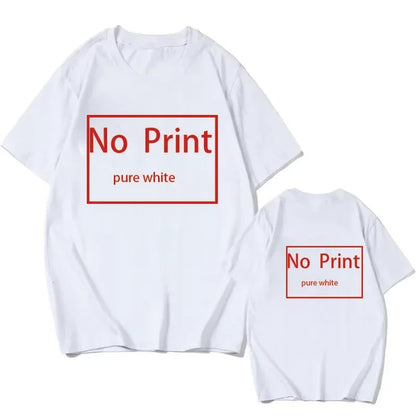 White short-sleeve t-shirt with "No Print pure white" red text design on front and back displayed on plain background