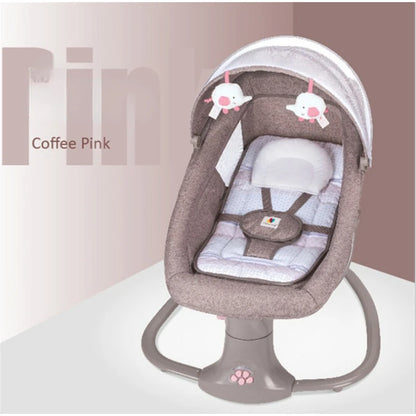 Electric multifunctional baby rocker chair in coffee pink with soft cushion and hanging toys canopy