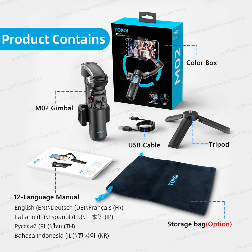 M02 portable 3-axis smartphone gimbal with remote, tripod, USB cable, multi-language manual, and optional storage bag on white background