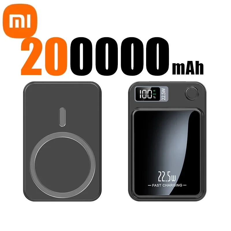 Front and back view of Xiaomi Mijia 200000mAh portable wireless fast charger with digital display and black casing