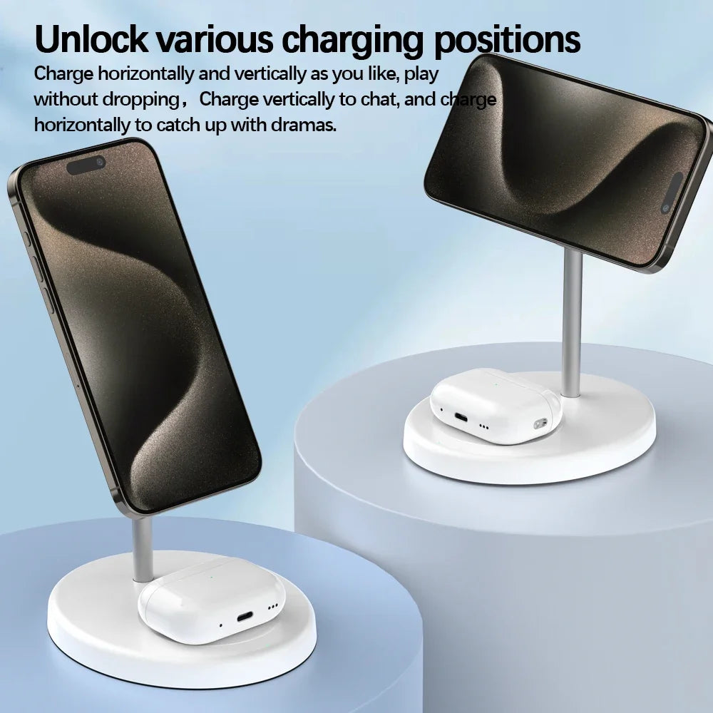 White 2-in-1 magnetic wireless charger stand holding iPhones vertically and horizontally on a round base with AirPods charging dock