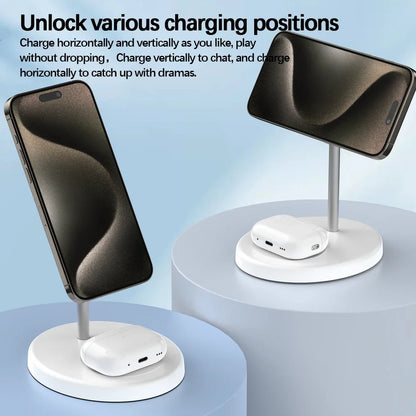 White 2-in-1 magnetic wireless charger stand holding iPhones vertically and horizontally on a round base with AirPods charging dock