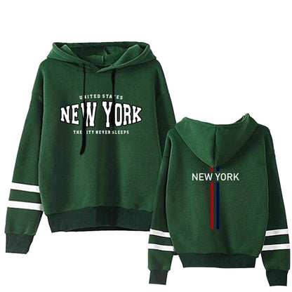 Green two-piece hoodie and jogging set with white stripes and New York text on front and back