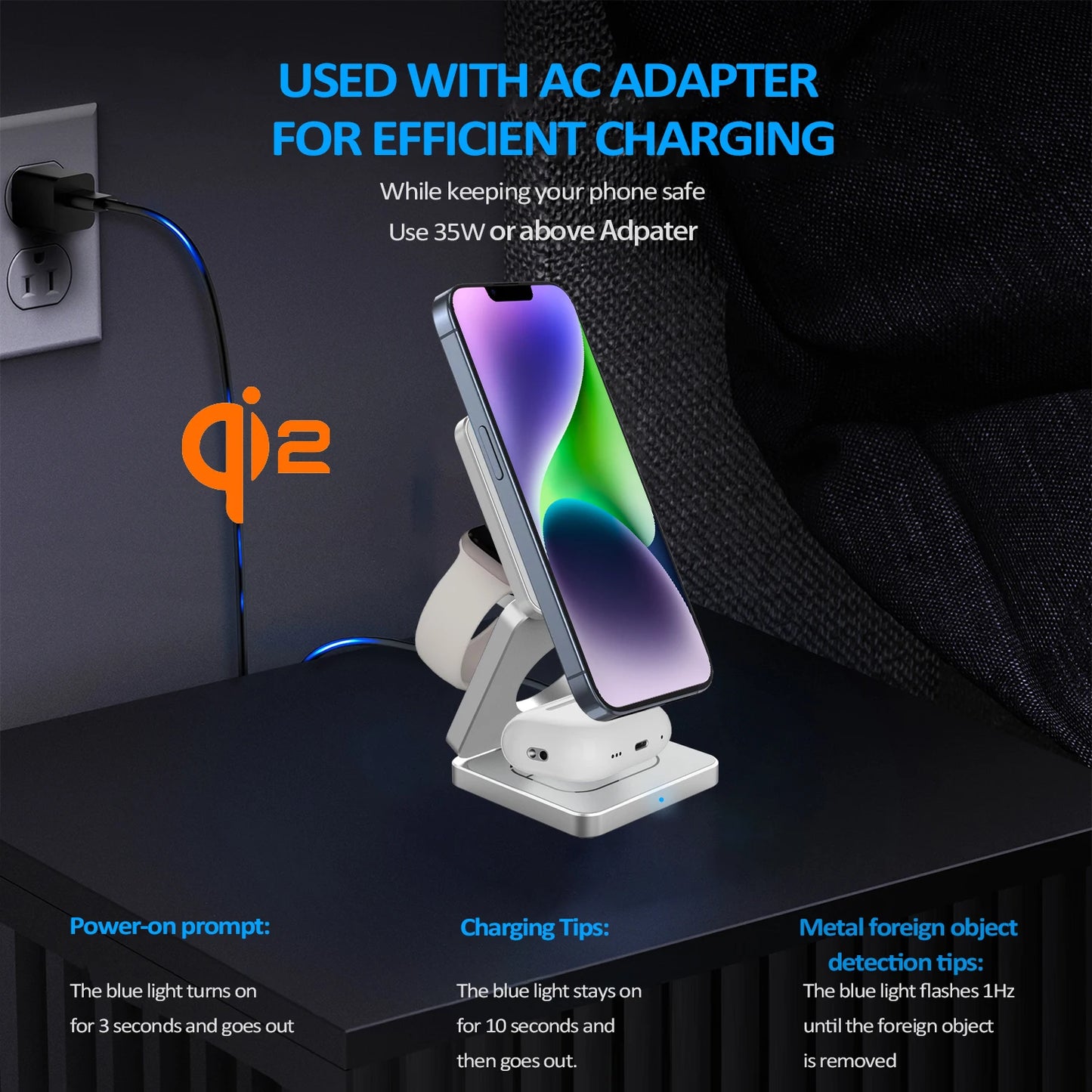 White foldable magnetic wireless charger stand charging an iPhone with blue LED on a dark surface